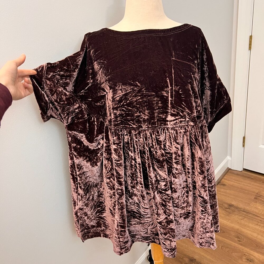 We the Free Moon City Velvet Babydoll Mini Dress Tunic Plum Raisin Sz M - Picture 2 of 10
